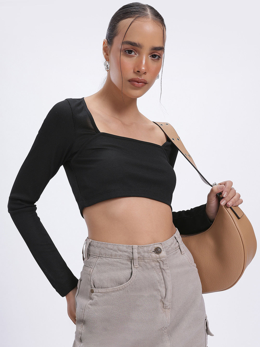 glitchez Black Ribbed Square Neck Crop Top