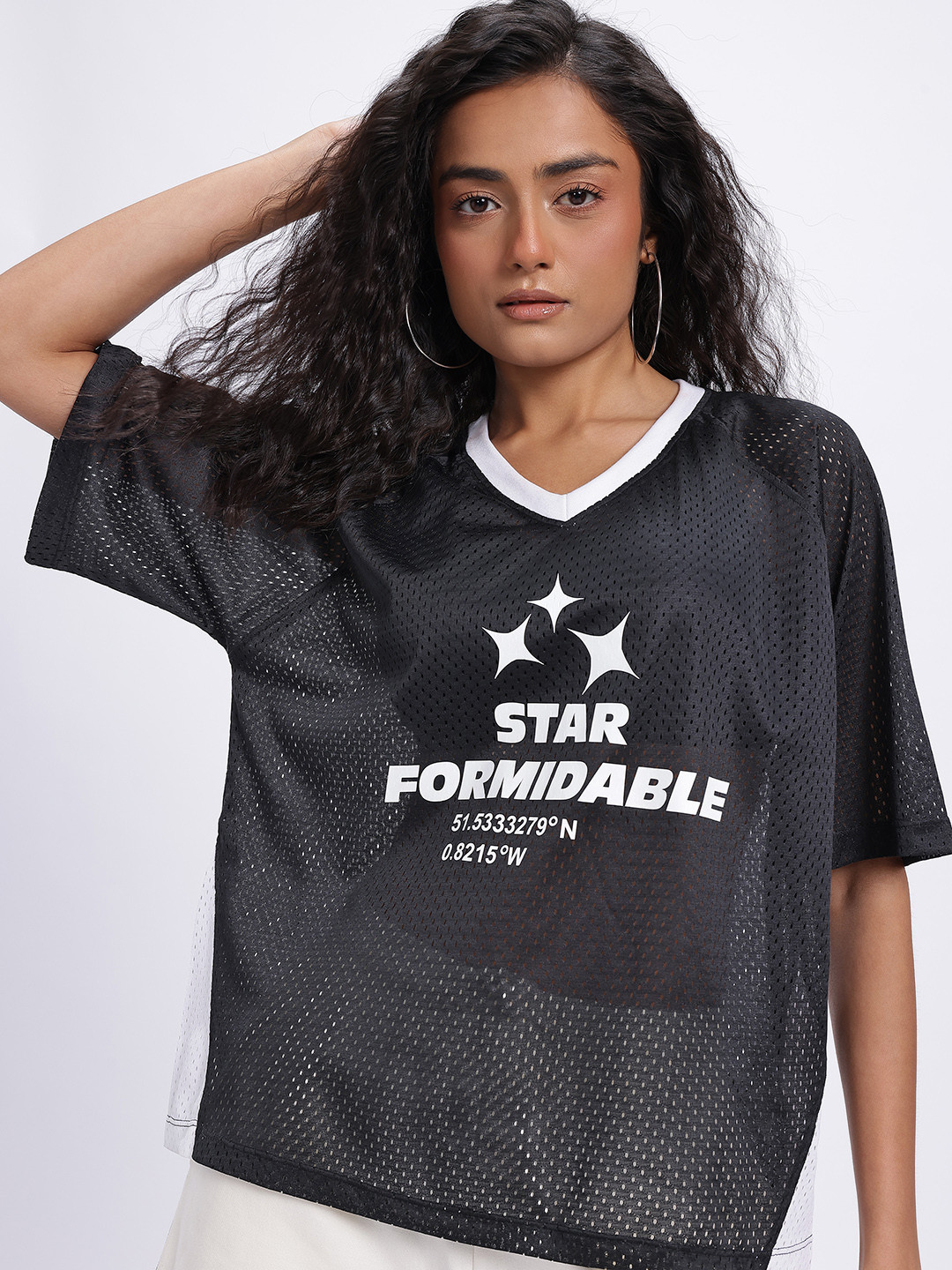 glitchez Printed Perforated Semi Sheer Oversized T-shirt