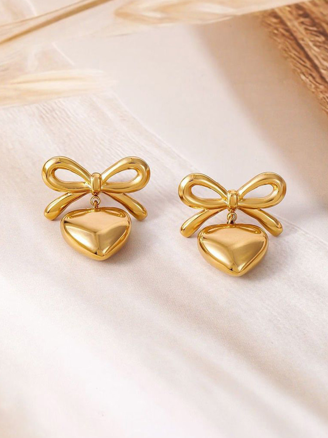 VR Creatives Stainless Steel Gold-Plated Heart Shaped Drop Earrings