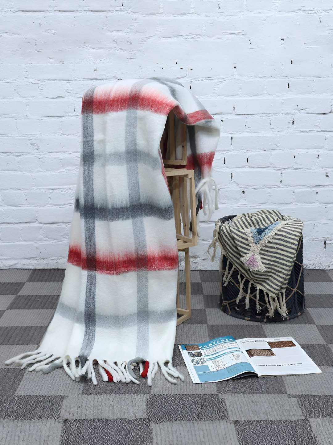 Weave Abode Grey & Red Checked Fringed Throws