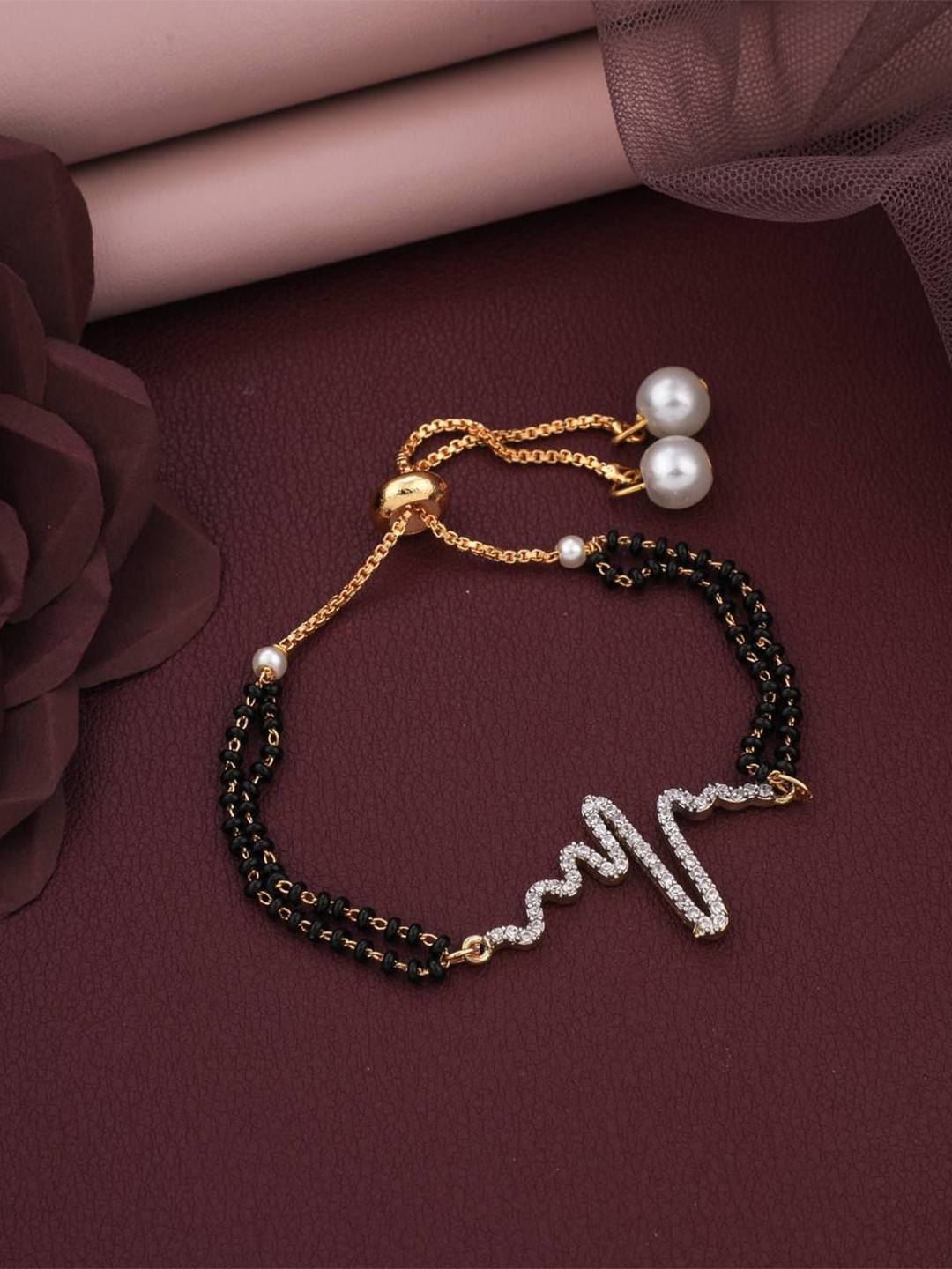 Anouk Gold-Plated Heart beat Cubic Zirconia Studded & Beaded Mangalsutra Link Bracelet