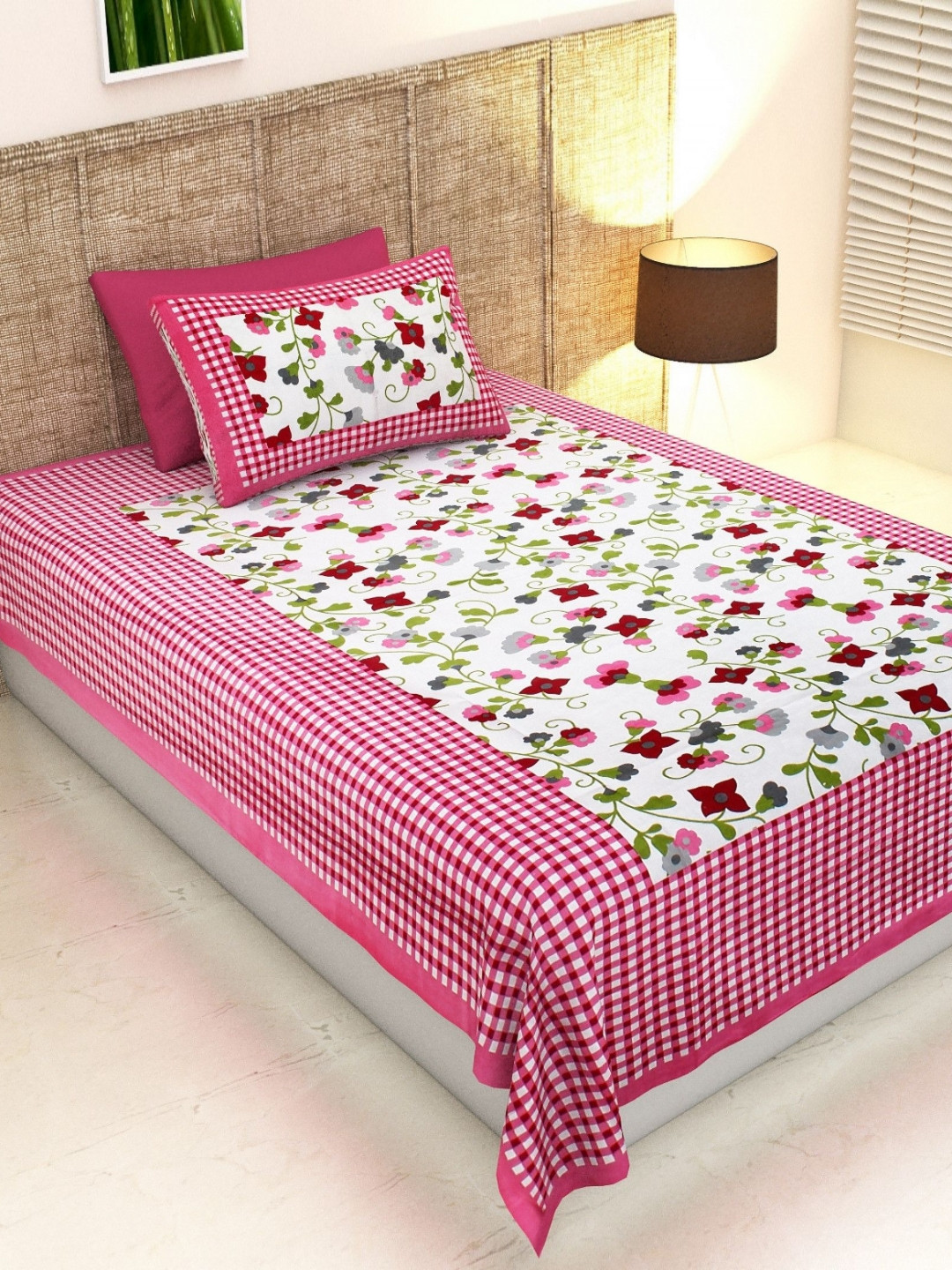 POORAK Loroco Jaipuri Pink Floral Cotton Breathable 104 TC Single Coarse Bedsheet with a Pillow Cover-63 x 90 inches