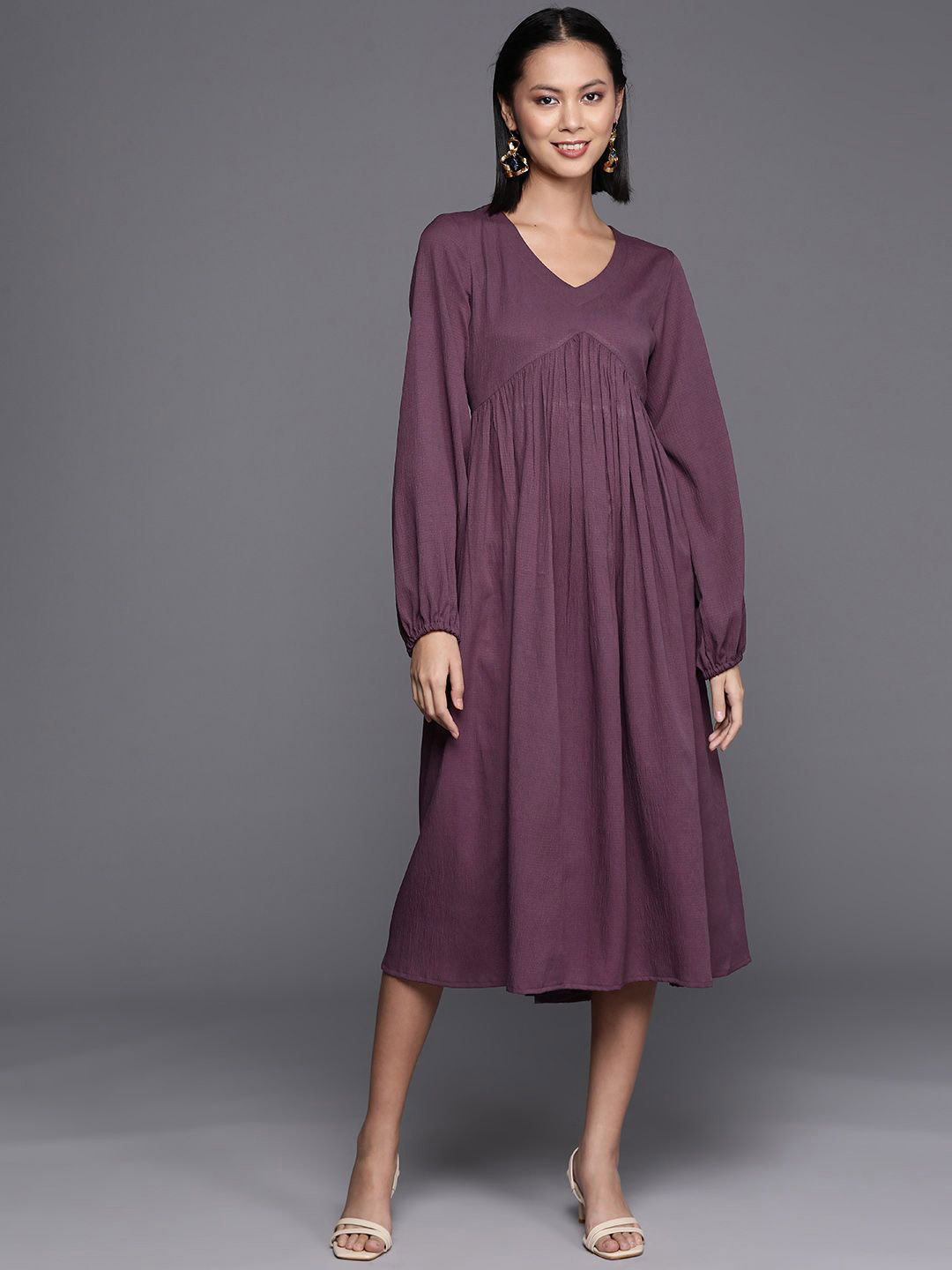 Varanga Women Gathered or Pleated Puff Sleeve A-Line Dress