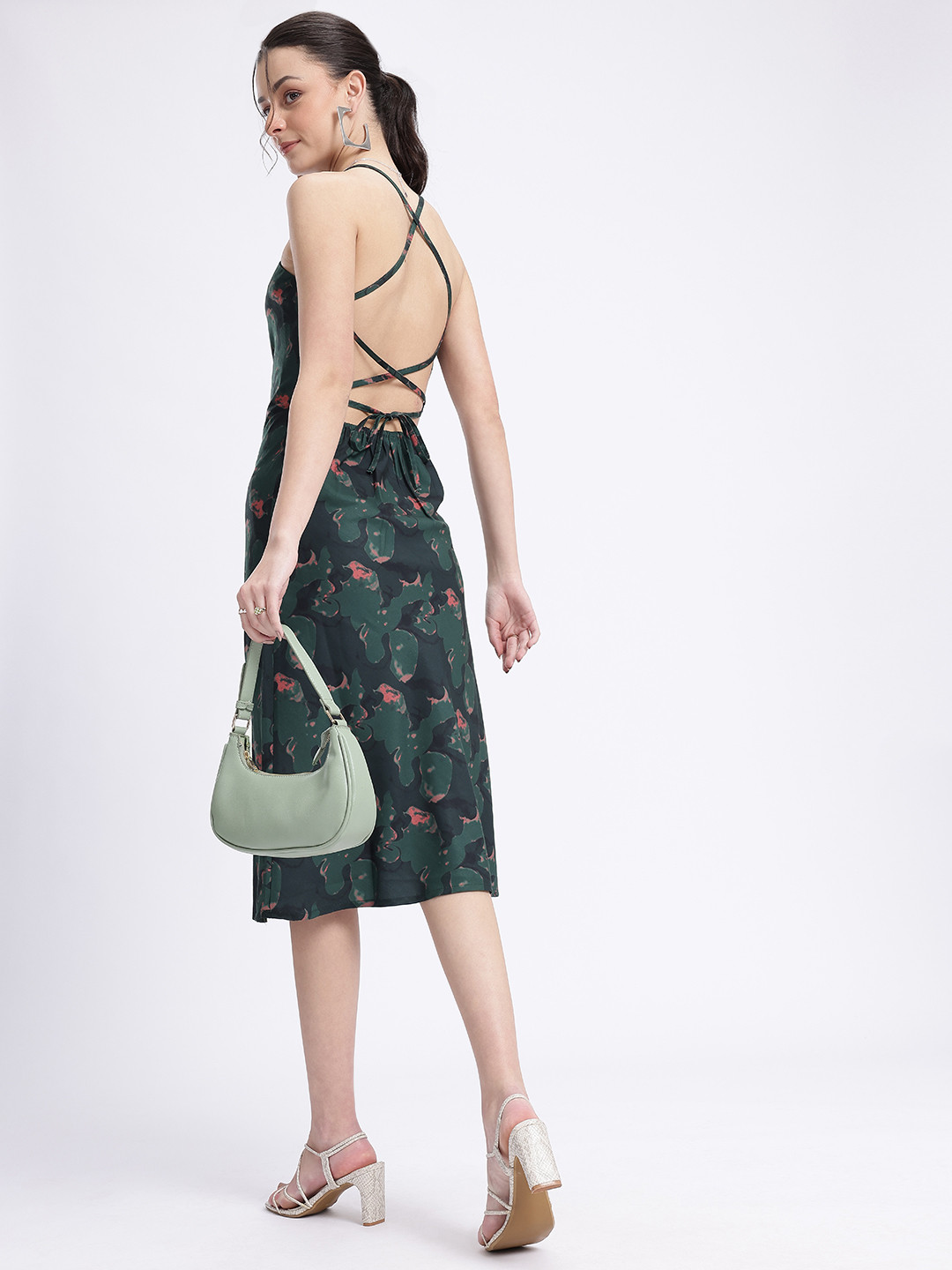 glitchez Lace-Up Printed Open Back A-Line Dress