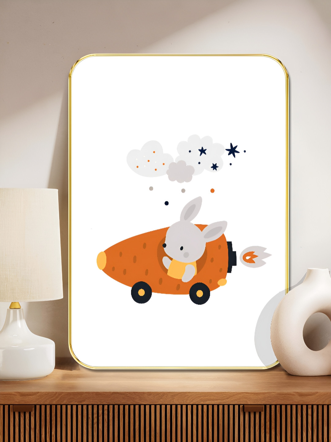 Myntra Elegant Homes White & Brown Cute Bunny in Carrot Rocket Wooden Wall Art