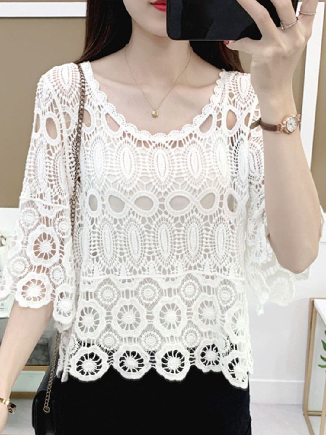 StyleCast Women White Cotton Round Neck Self Design Semi Sheer Three-Quarter Sleeves Tops