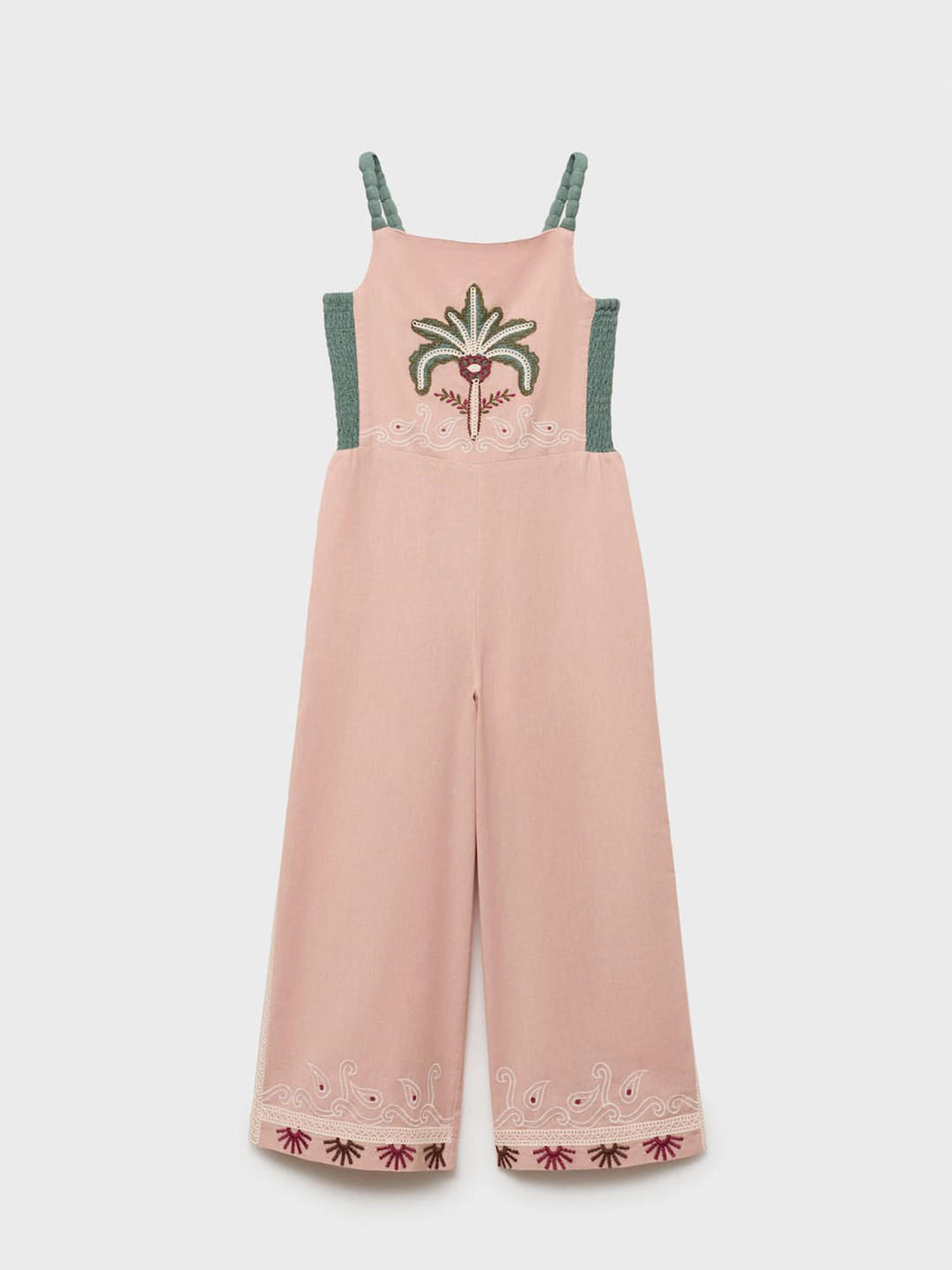 Mango Kids Girls Cotton Linen Self Design Basic Jumpsuit