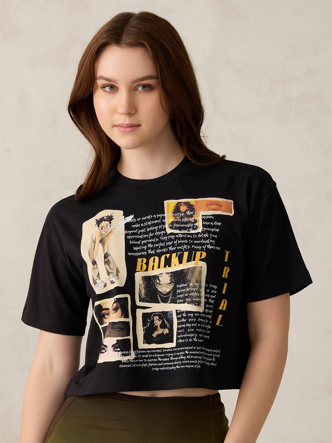 Outzidr Black Graphic Cropped T-Shirt