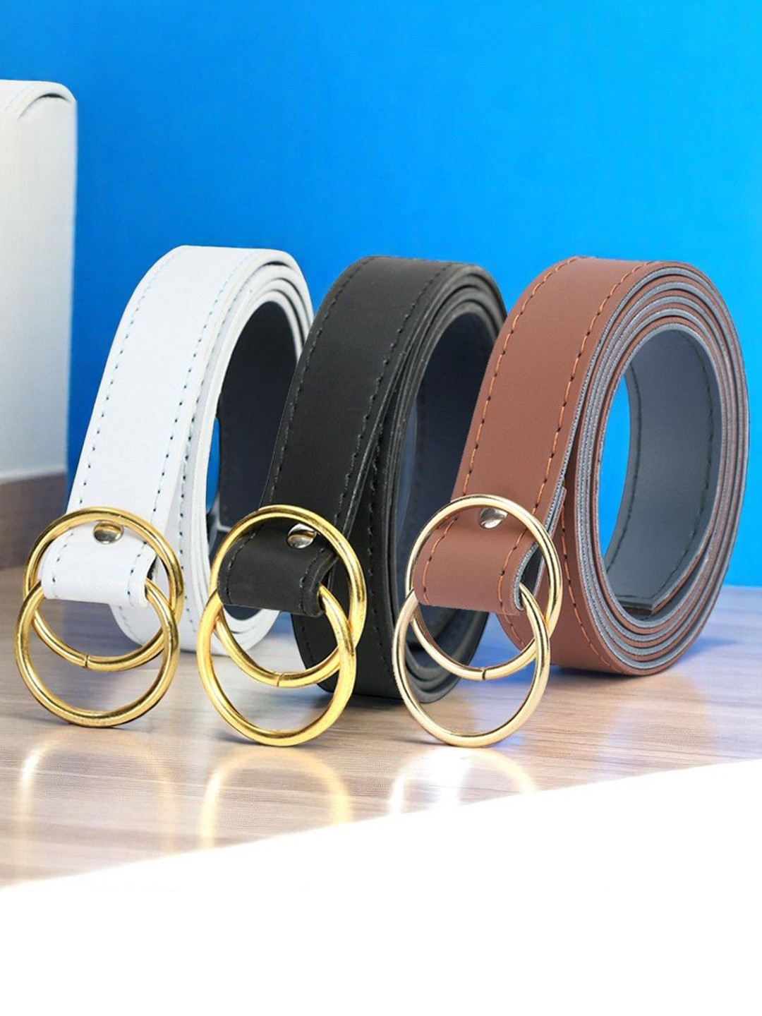 DressBerry Women Pack of 3 Black & White Solid Formal Push Pin Closure Belt