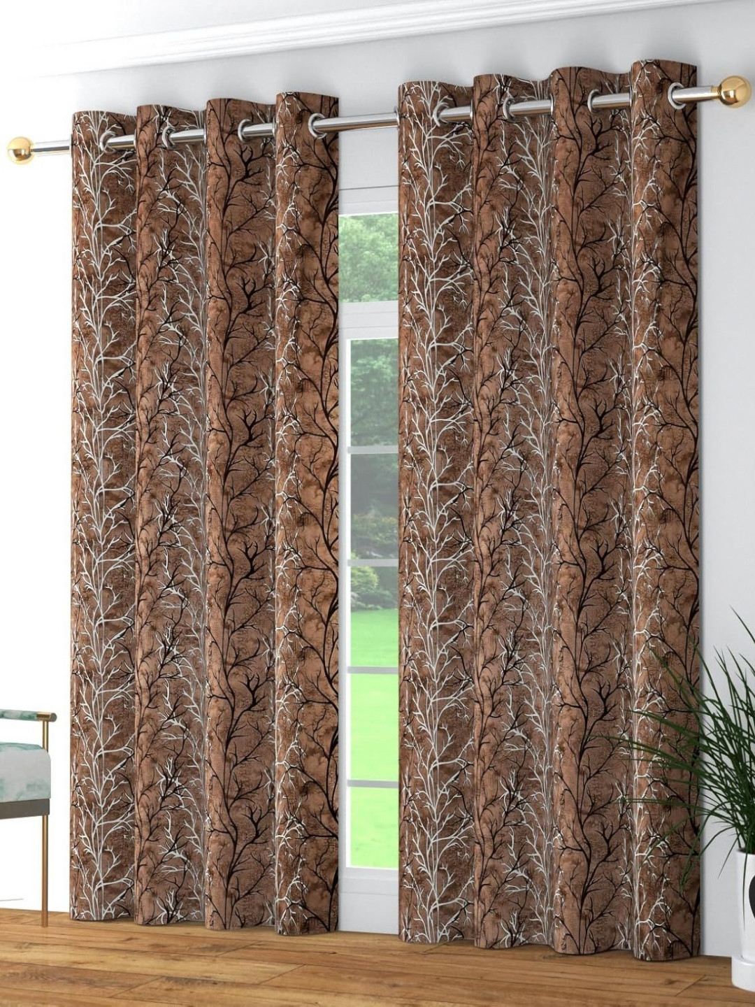 Myntra Elegant Homes Brown & White 2 Pieces Super Tree Room Darkening Door Curtains