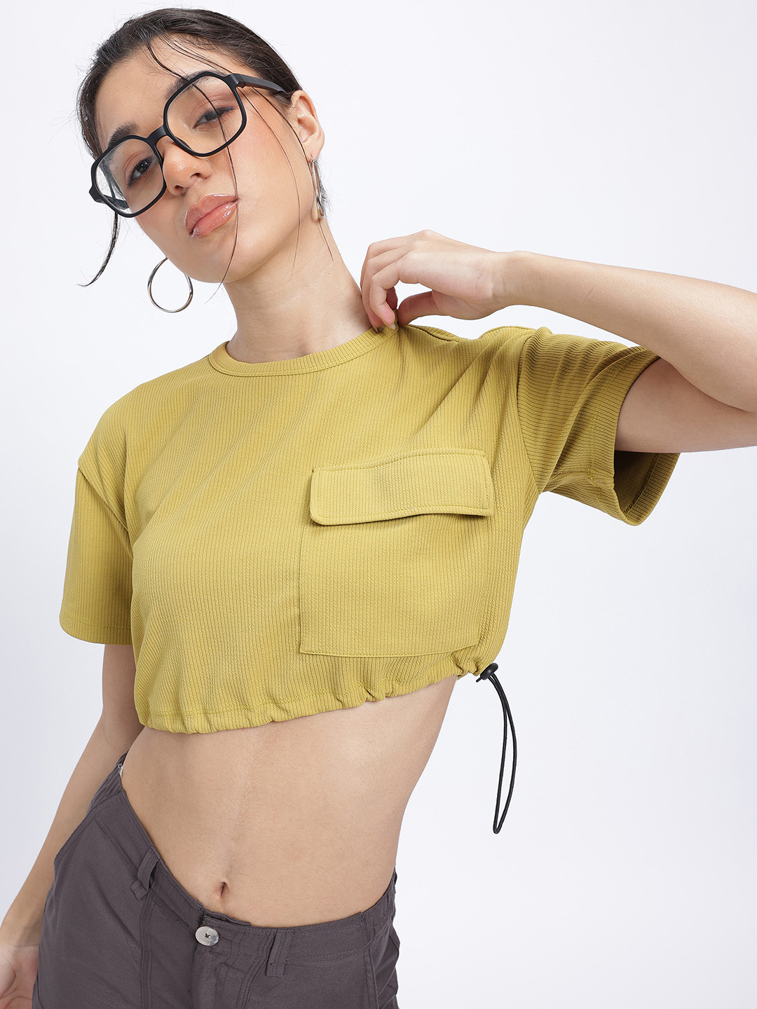 glitchez Boxy Babe Textured Ribbed Toggle Hem Crop Top