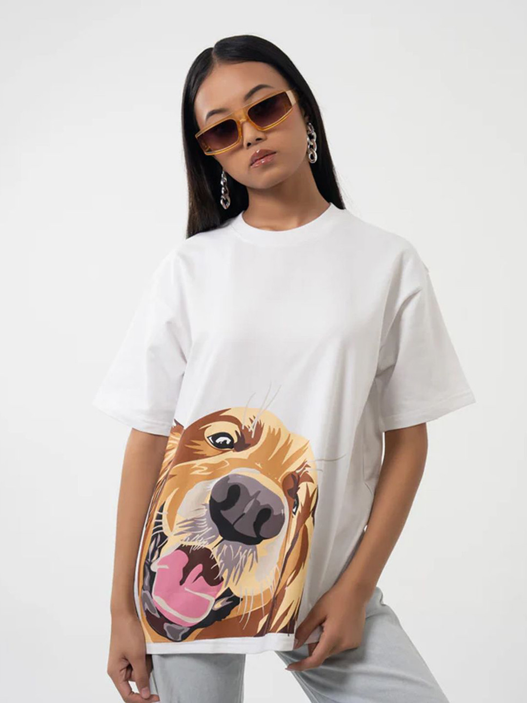 Peach Golden Hearted Graphic Printed Bio Finish Round Neck Oversized T-shirt