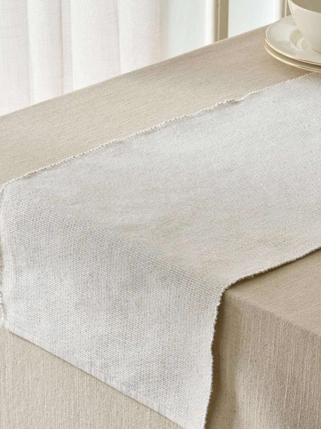 Home Centre Drake Opulence Beige Pure Cotton Ribbed Table Runner