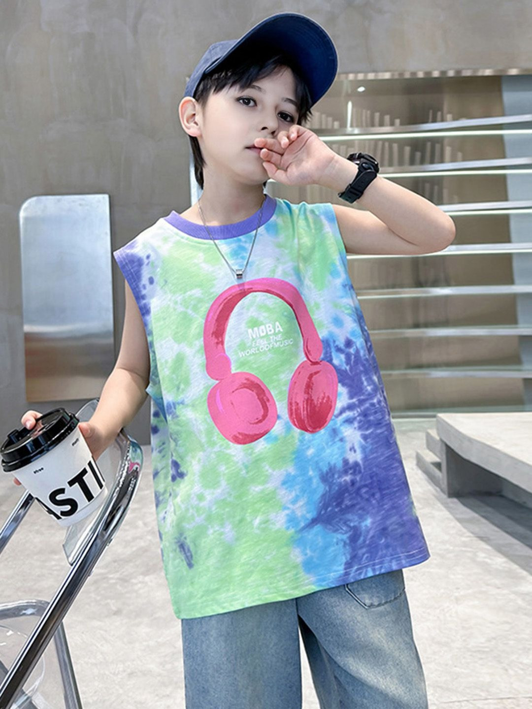 INCLUD Boys Headphone Graphic Printed Round Neck Sleeveless T-shirt