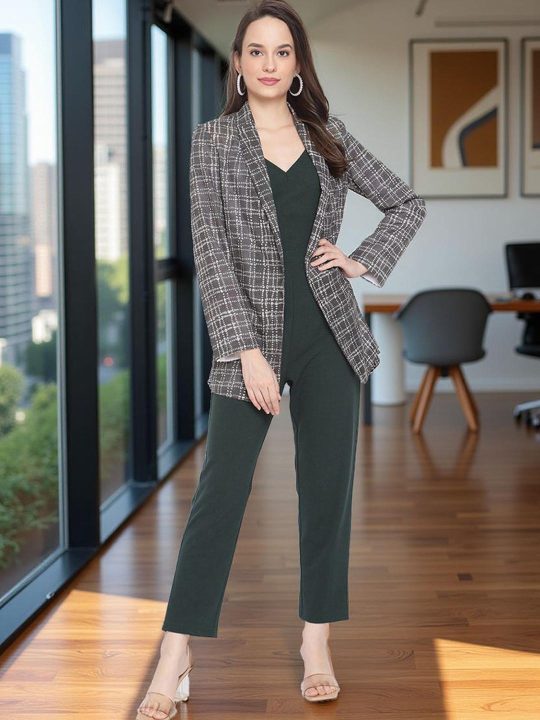 Zima Leto V-Neck Top & Trousers With Checked Blazer Co-Ord Set