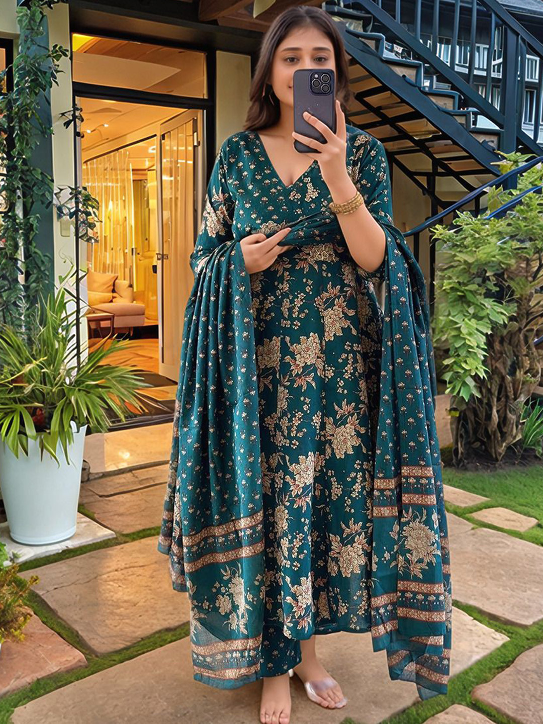 KALINI Women Dark Green Rayon Blend Printed Anarkali Kurta Set With Dupatta