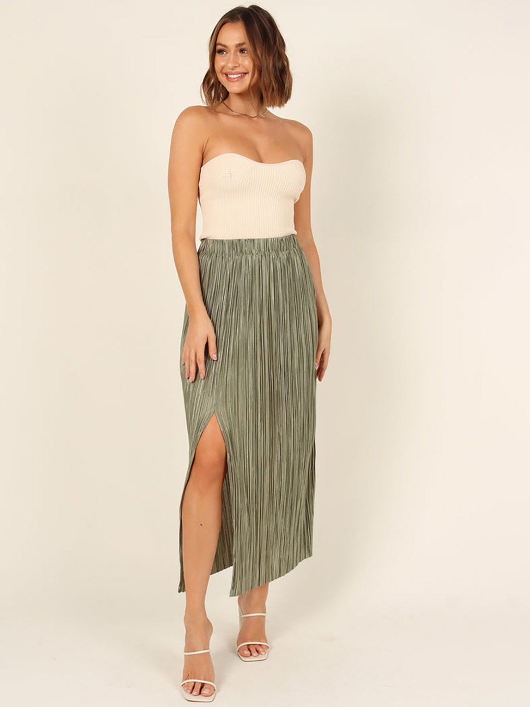 JC Mode Pleated Front Slit A-Line Midi Skirt