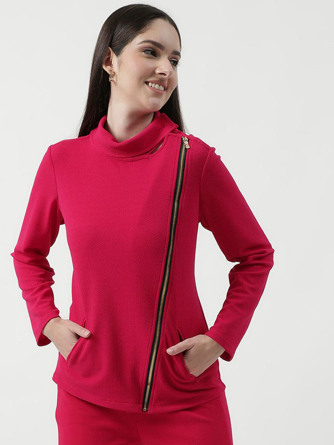 Zima Leto Women High Neck Overlap Blazer With Zipper Closure Top