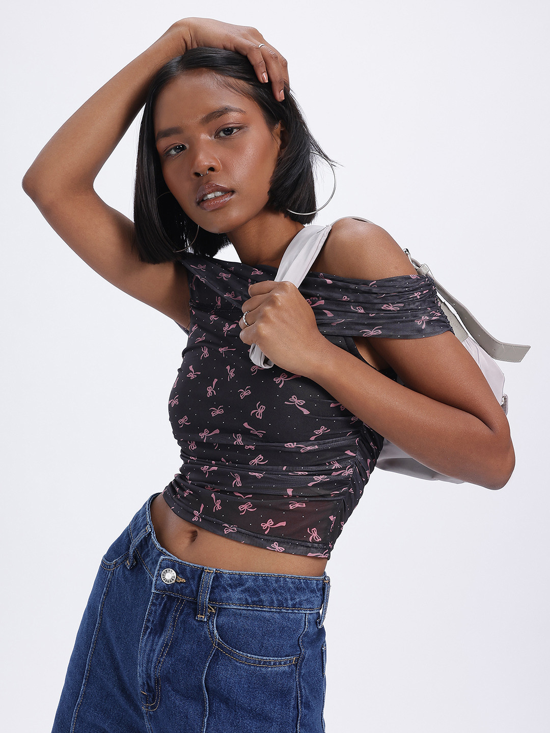 glitchez Bow Ruched Off-Shoulder Mesh Crop Top