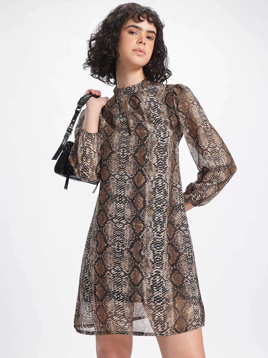 DressBerry Snake Print Puff Sleeve A-Line Dress