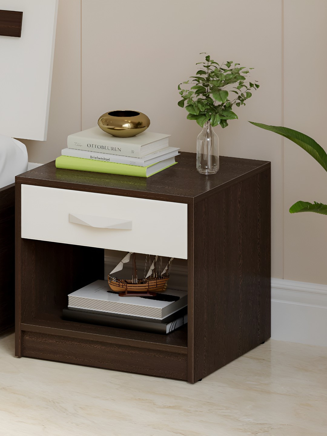 bluewud Oliver Brown & White Wooden Rectangle Bedside Table
