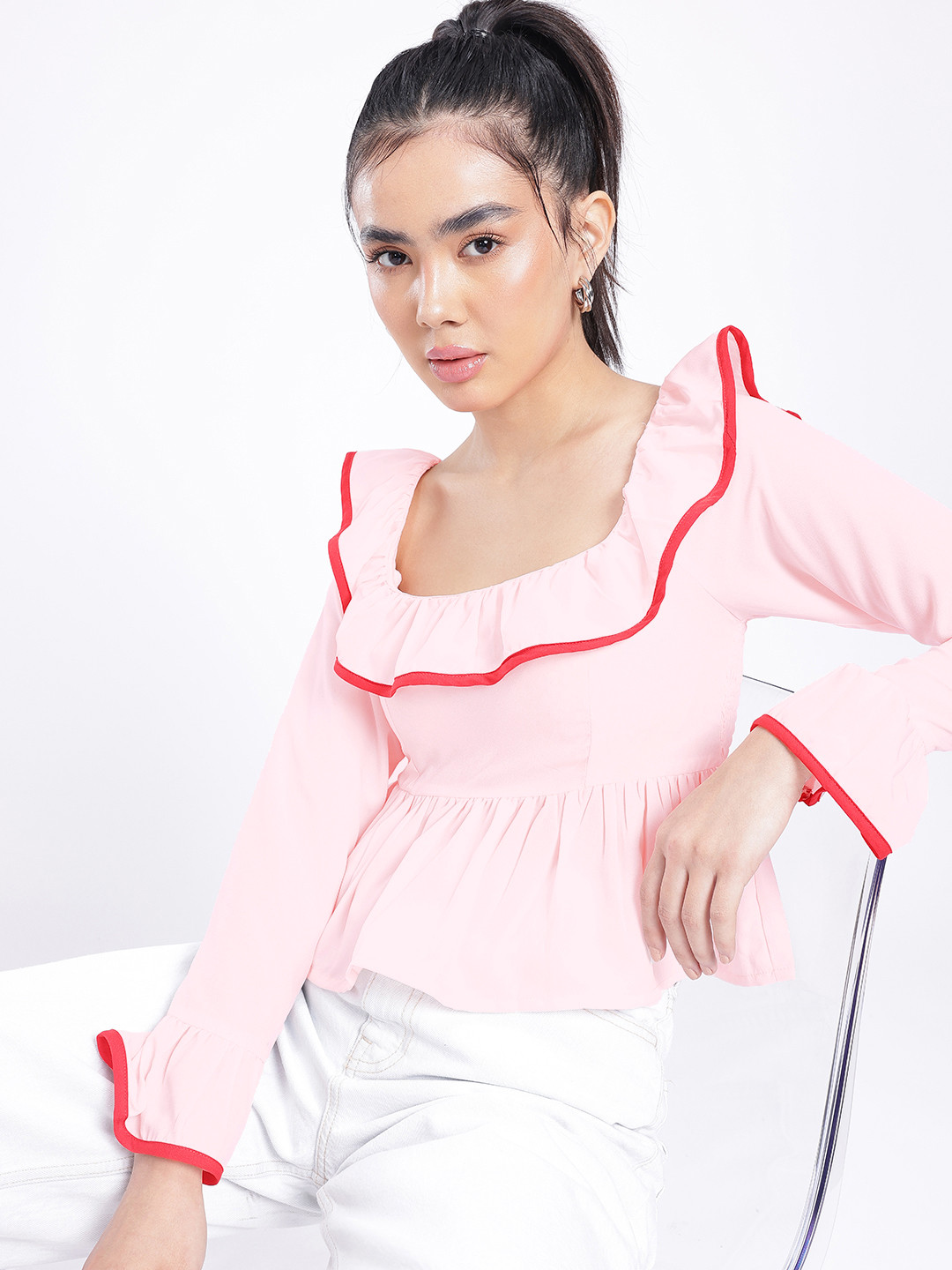 glitchez Ruffled Smocked Relaxed Peplum Top