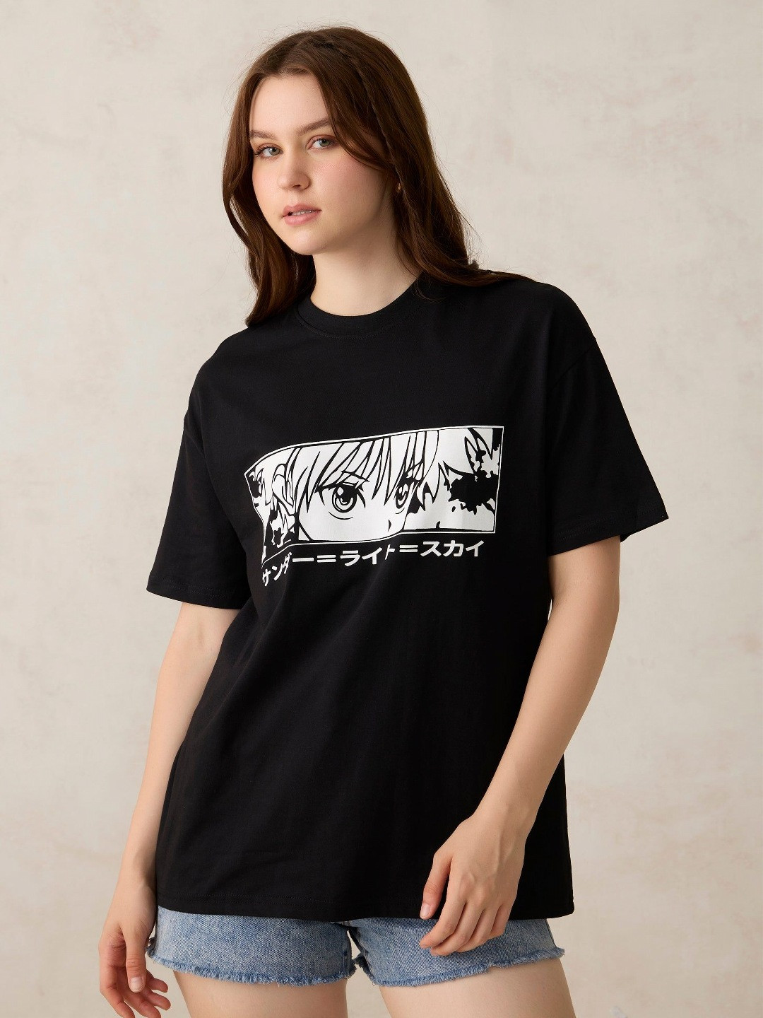 Outzidr Black Graphic Oversized T-Shirt