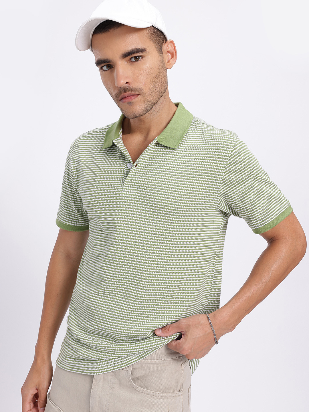 glitchez Stripes Self-Design Polo Collar T-shirt