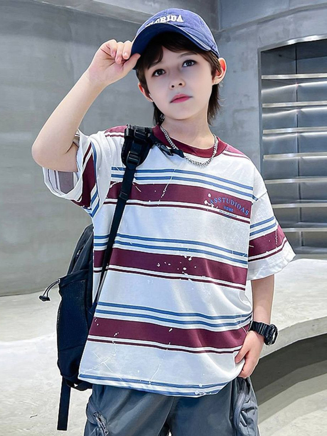 INCLUD Boys Multi or Variegate Stripes Printed Round Neck Drop Shoulder Oversized T-shirt