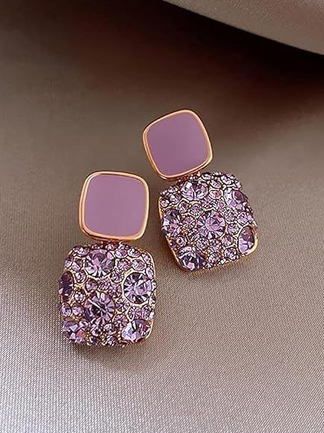 VR Creatives Stainless Steel Artificial Stones Studded Square Shaped Drop Earrings