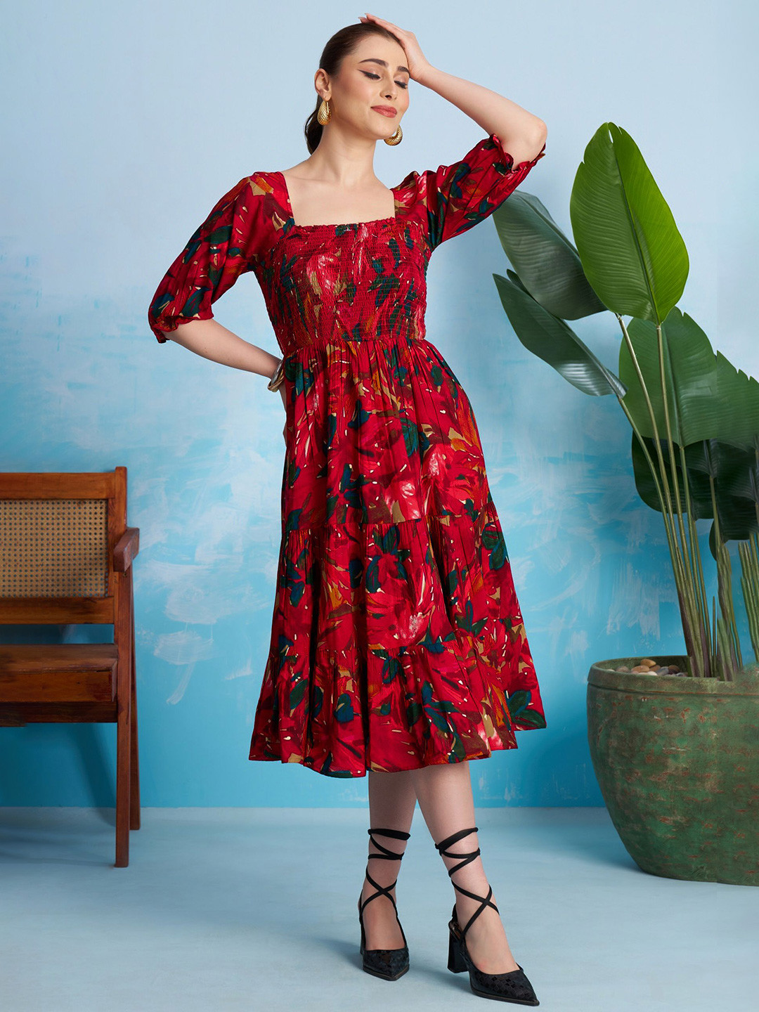 FLOWERVELLY Women Floral Print Fit & Flare Midi Dress