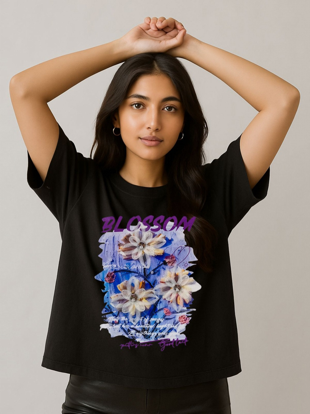 GRACE & JACK Women Black Blossom D Flowers & Diamond Centers T-shirt