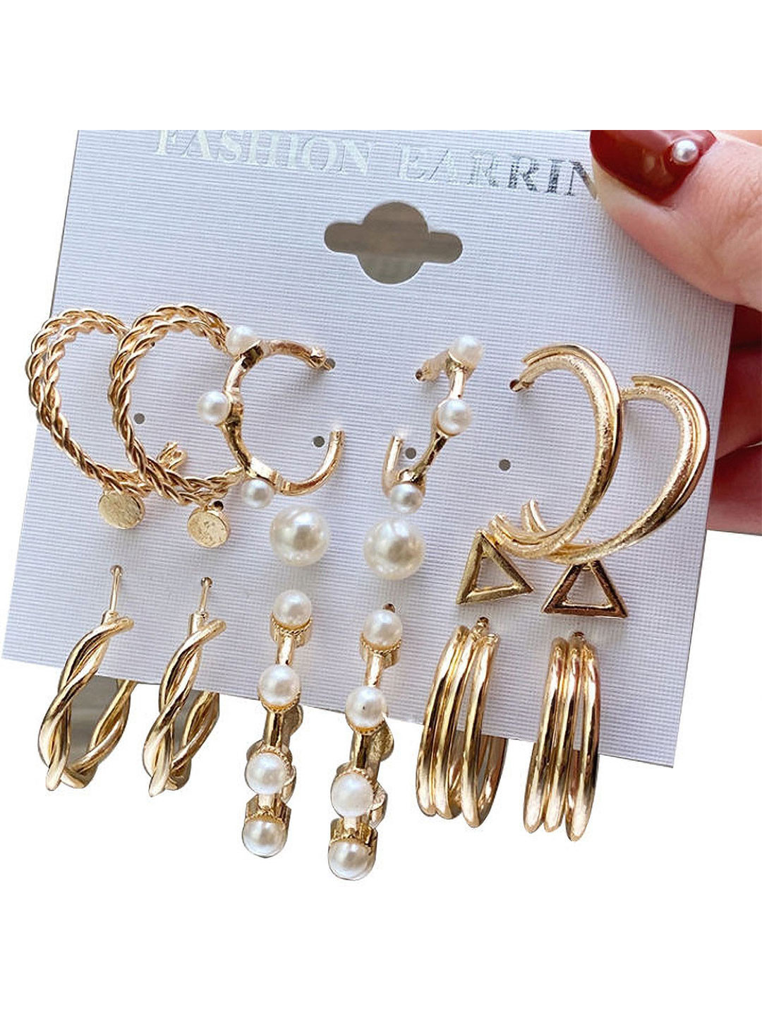 Celestique Korean Set Of 9 Pearls Beaded Contemporary Half Hoop Earrings