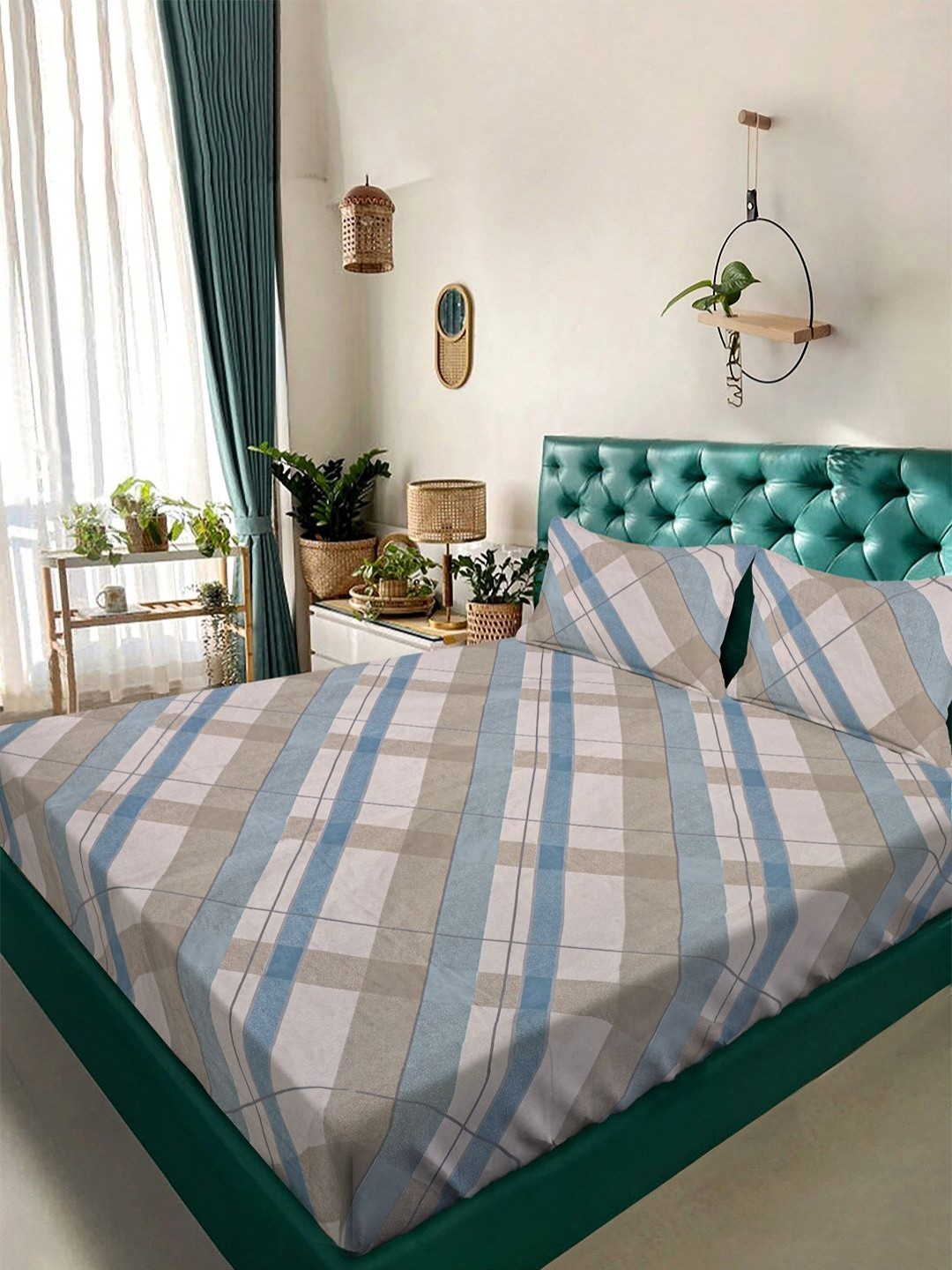 Arrabi Mhl New Collection Blue Geometric Polycotton 350 TC King Superfine Bedsheet with 2 Pillow Covers-106 x 102 inches
