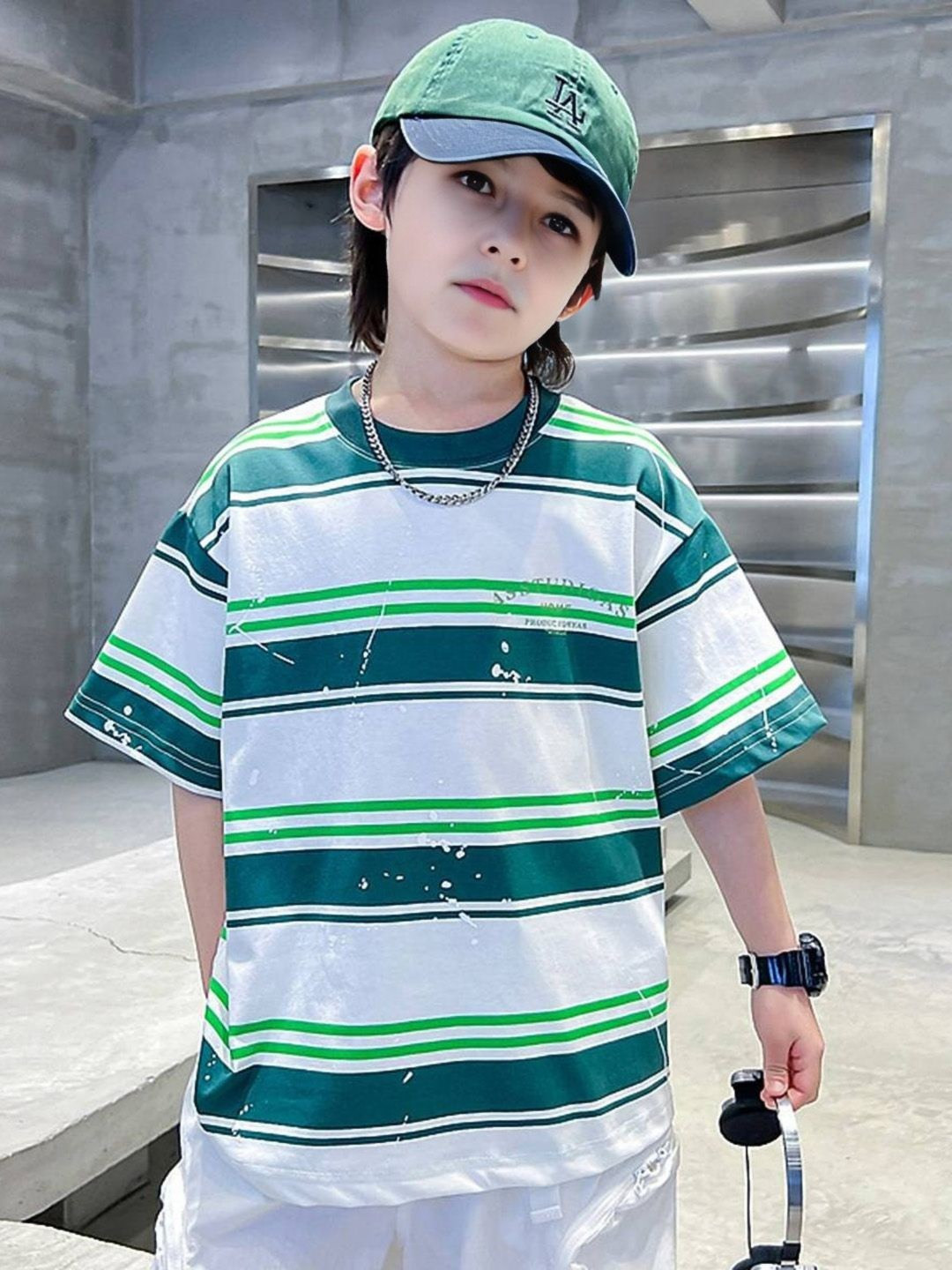 INCLUD Boys Striped Printed Round Neck Raglan Sleeves Multi or Variegate Stripes T-Shirt