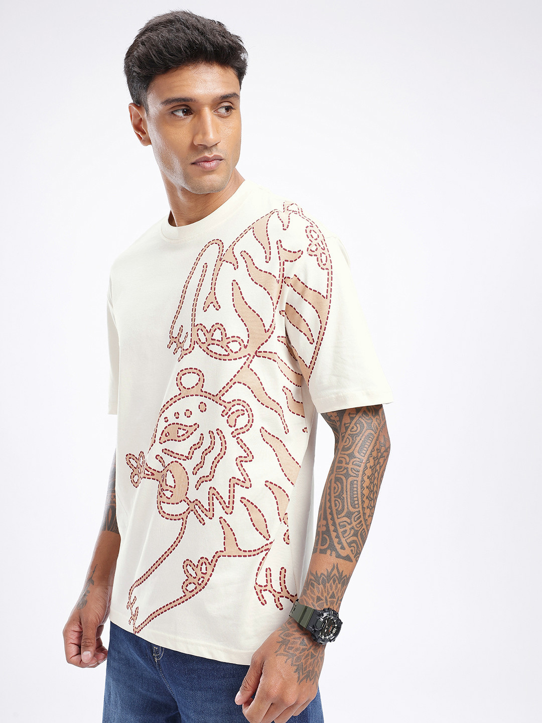 glitchez Kantha Design Printed Oversized T-shirt