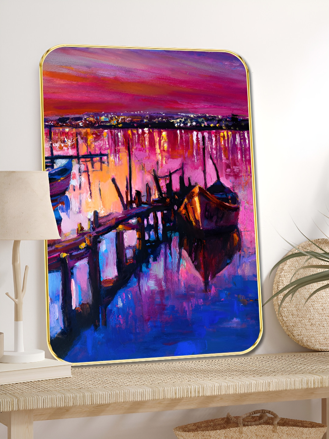 Myntra Elegant Homes Pink & Blue Colorful Sunset Boat Dock Wooden Wall Art