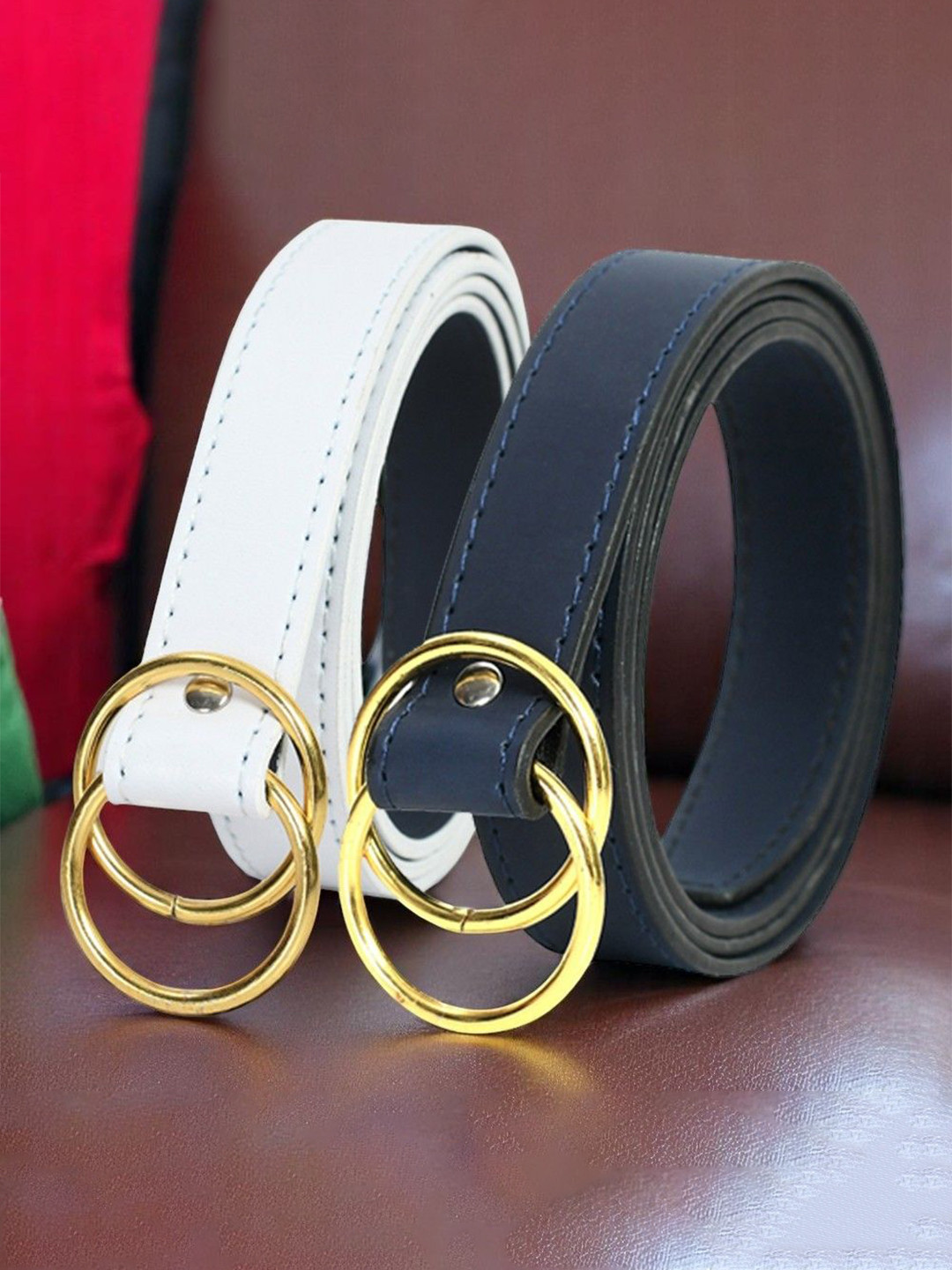 DressBerry Women Pack of 2 White & Blue Solid D-Ring Closure Formal Belt