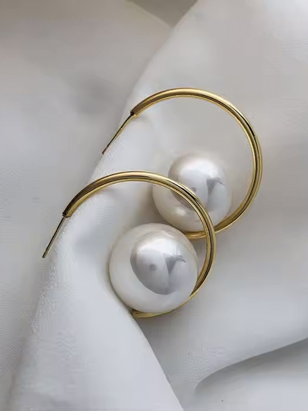 SHARLEEZ Stainless Steel Gold-Plated Pearls Beaded Circular Shaped Hoop Earrings