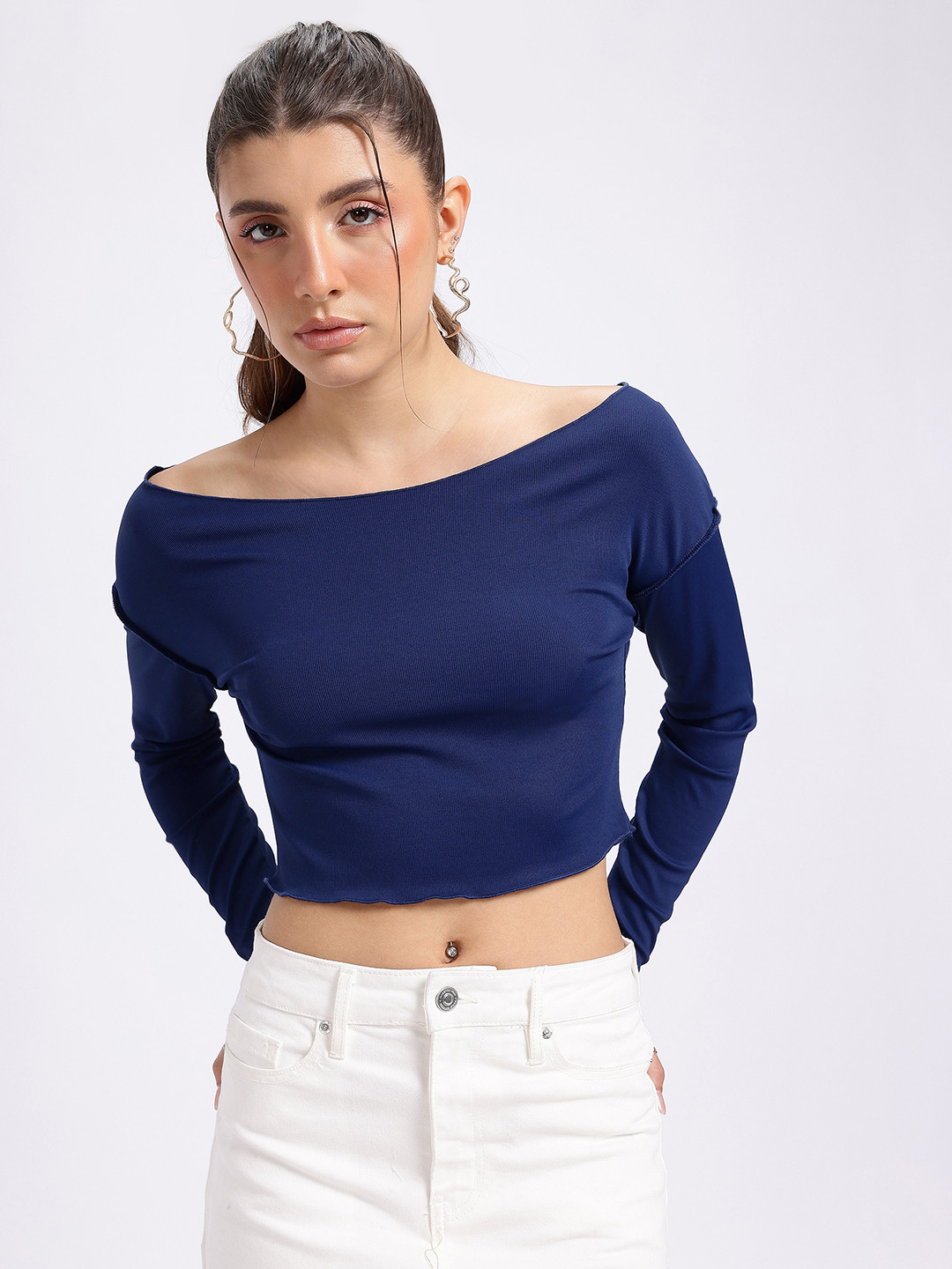 glitchez Boat Neck Upturn Stitch Crop Fitted Top