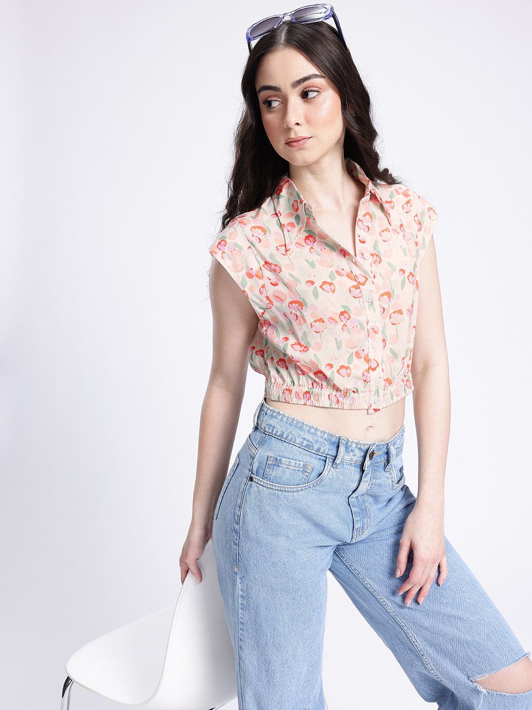glitchez Chic Bloom Printed Shirt Style Crop Top