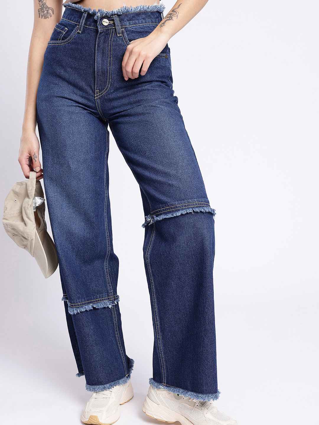 glitchez Women Frayed Baggy Wide-Leg High-Rise Jeans