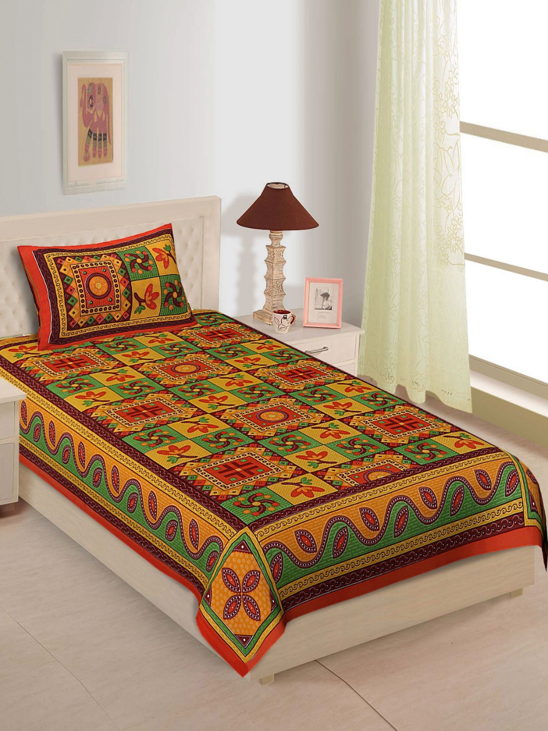 POORAK Loroco Yellow Ethnic Motifs Pure Cotton Breathable 104 TC Single Coarse Bedsheet with a Pillow Cover-160.1 x 90 inches