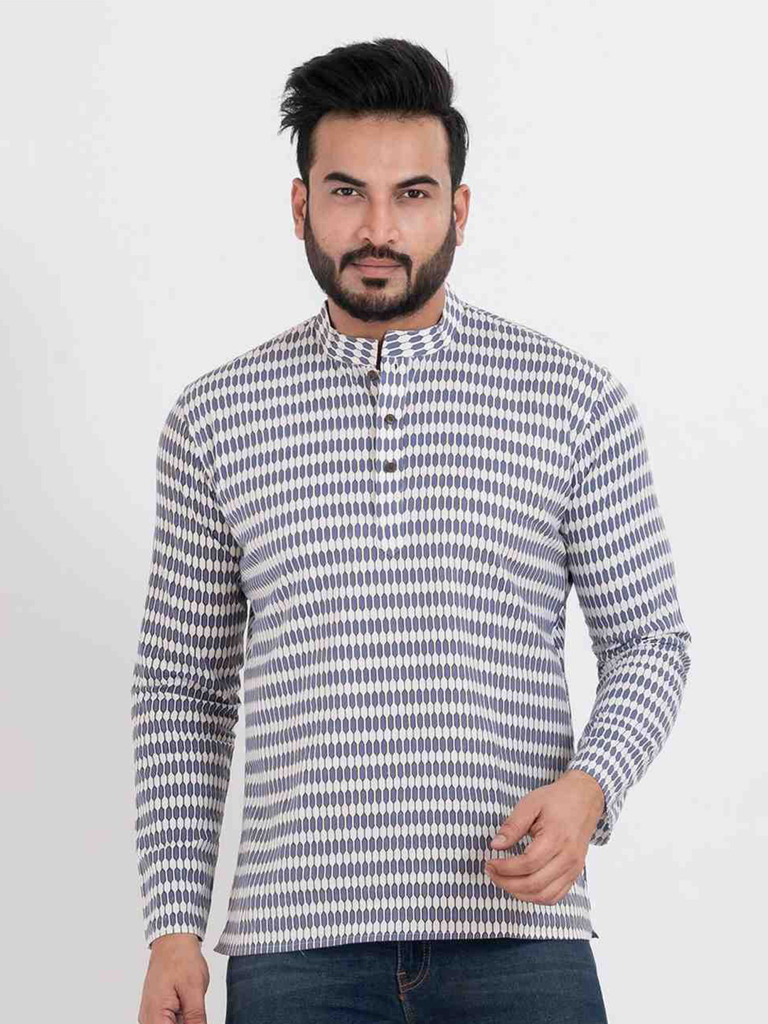 Sultan The King Of Kurta Geometric Printed Mandarin Collar Straight Cotton Short Kurta