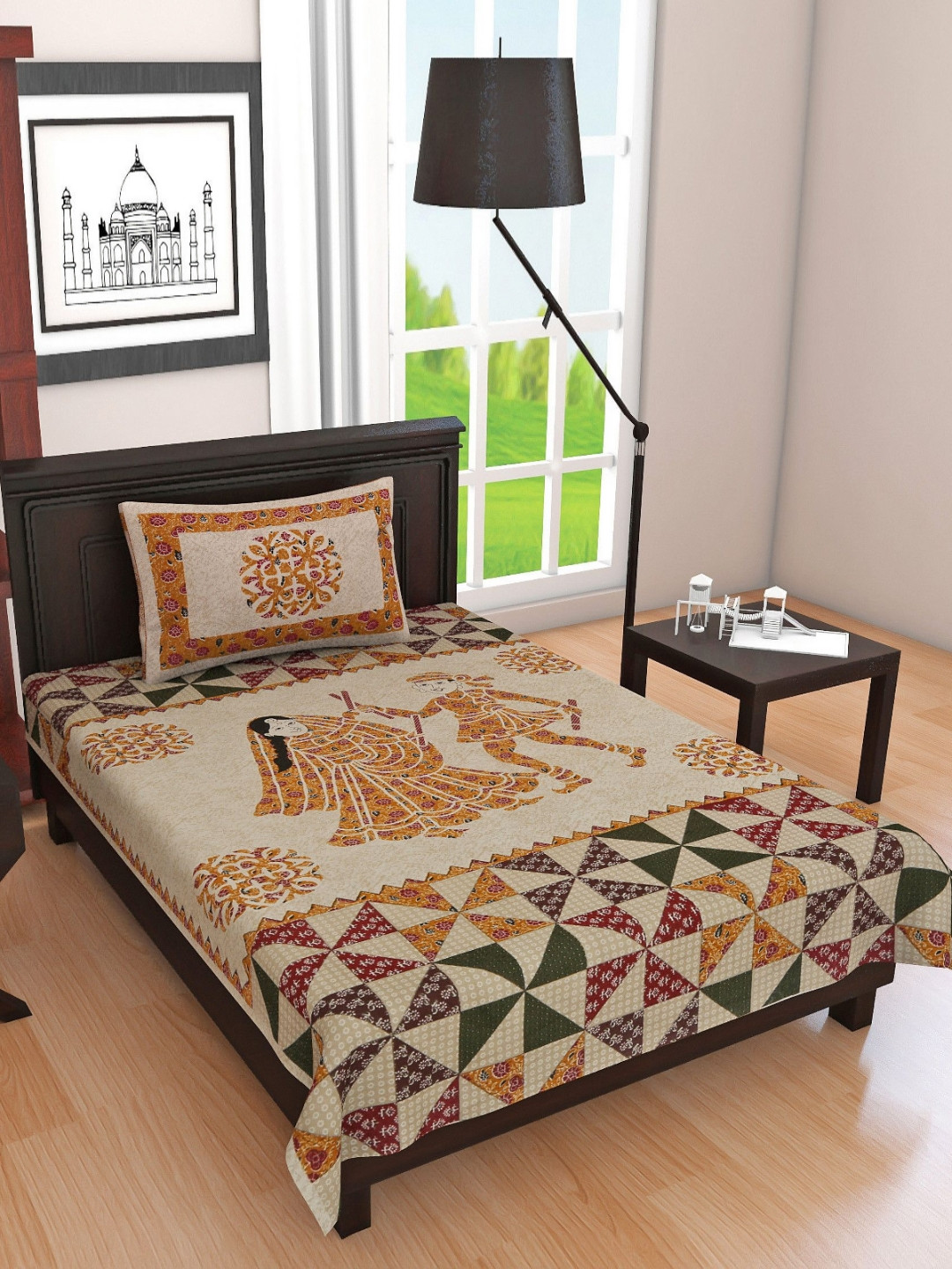POORAK Loroco Yellow Ethnic Motifs Cotton Breathable 104 TC Single Coarse Bedsheet with a Pillow Cover-63 x 90 inches