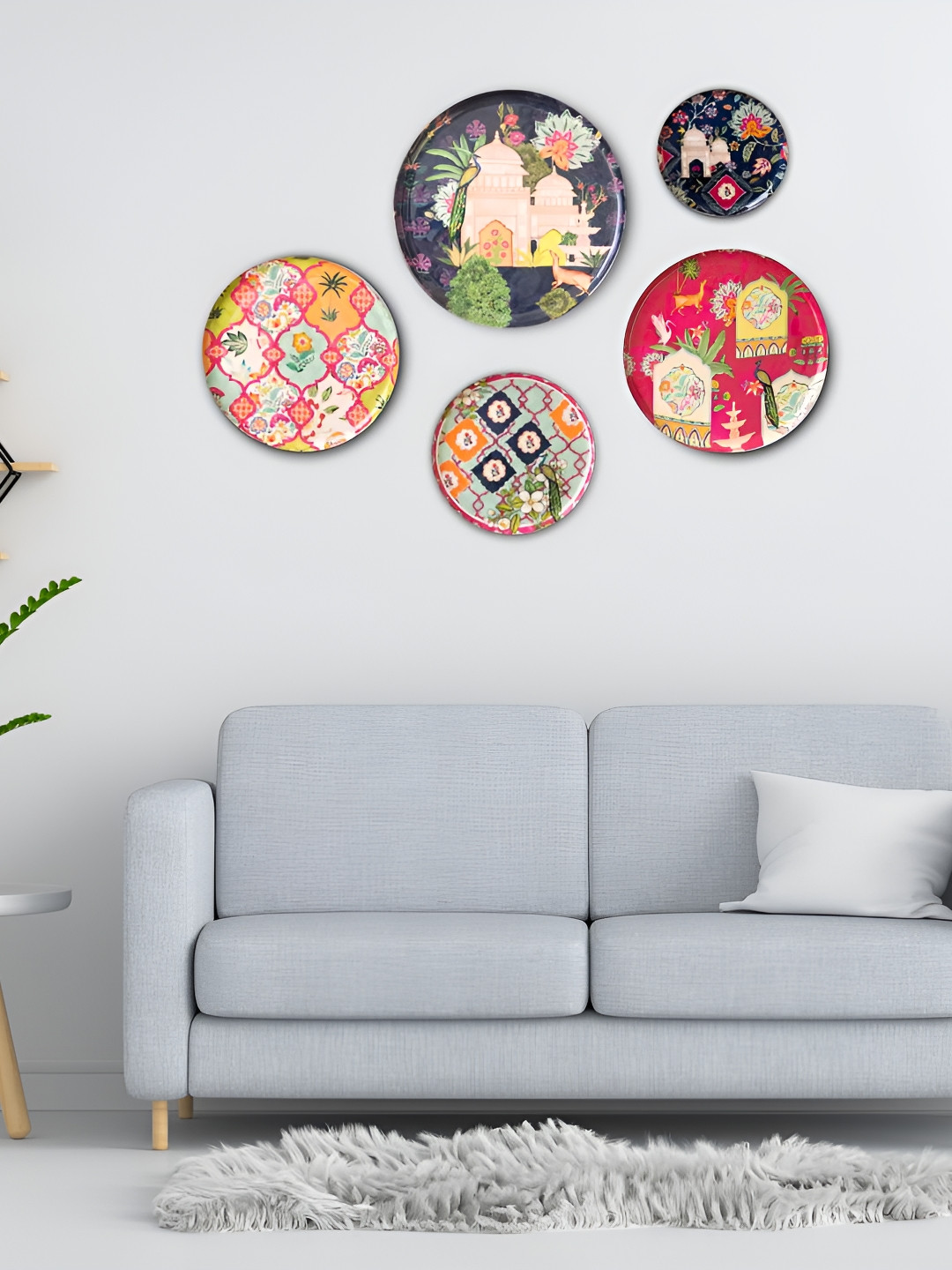 Ritualistic Ajmer Floor Metal Crafted Ceramics Glossy Hanging Hall 5Pcs Wall Plates-12In
