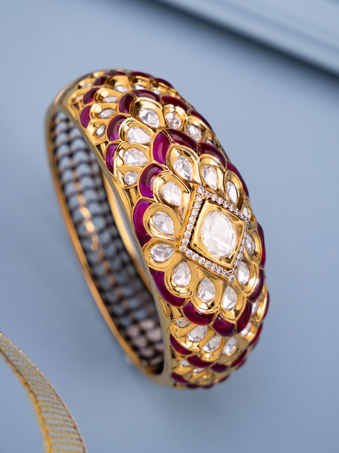 Kushal's Fashion Jewellery Victorian-Plated Ruby & Kundan Ethnic Kada Bracelet