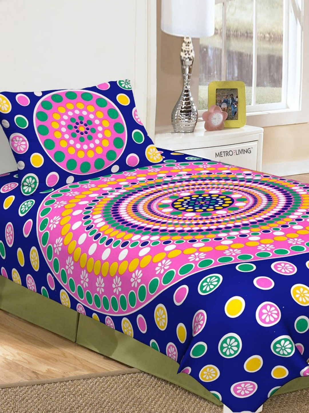 POORAK Loroco Jaipuri Blue Ethnic Motifs Pure Cotton Breathable 104 TC Single Coarse Bedsheet with a Pillow Cover-90 x 62 inches