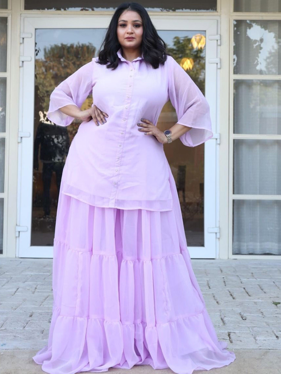 Swadeshi Shringaar Women Lilac Blossom Georgette Sharara Co-Ords