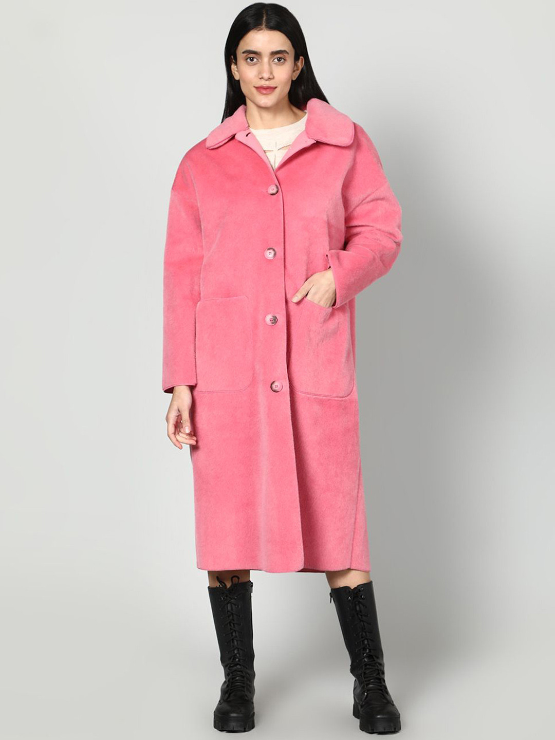 Fashion Gaiia Plush Woolen Spread Collar Neck Single Breasted Overcoat